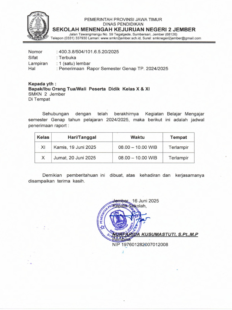 Penerimaan Rapor Semester Genap 2025 | PDF