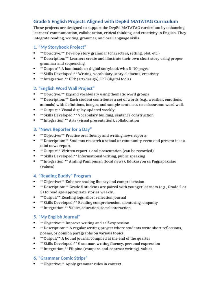 Grade 5 English Project Ideas | PDF | Vocabulary | Fluency