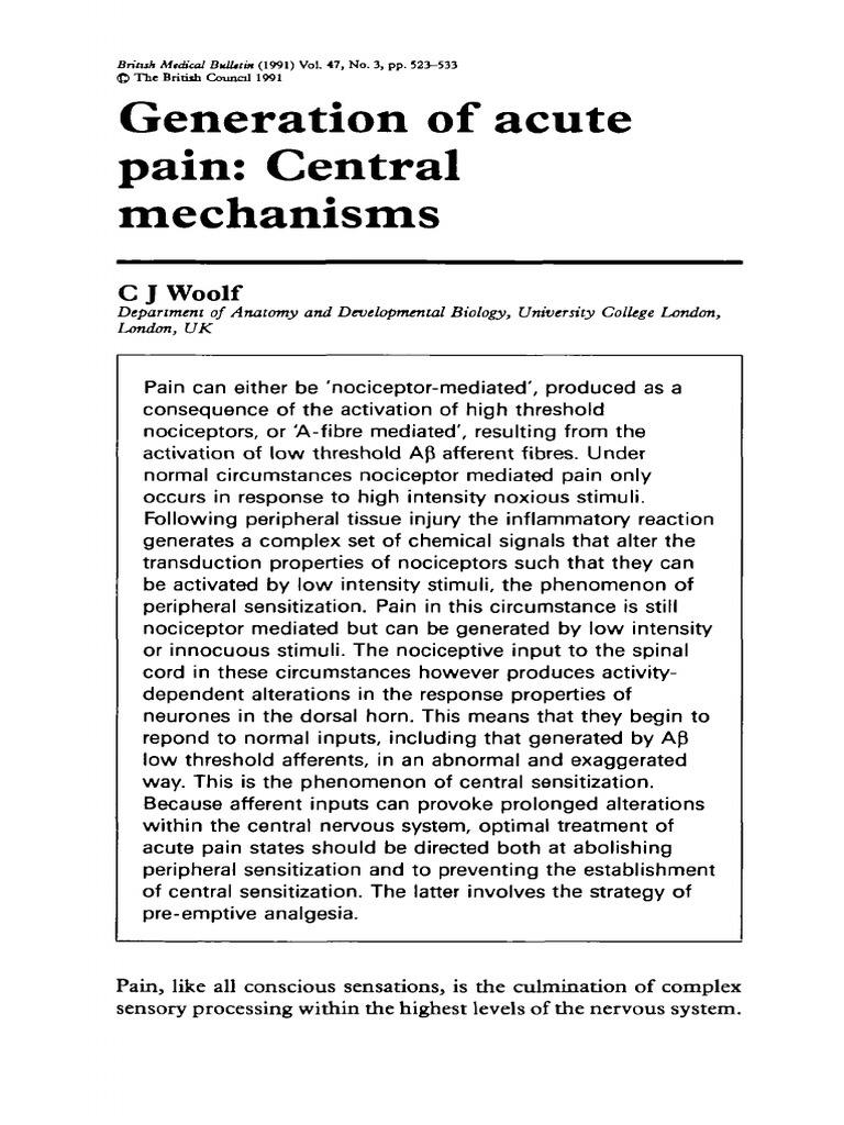 Central Mechanisms of Acute Pain | PDF | Pain | Stimulus (Physiology)