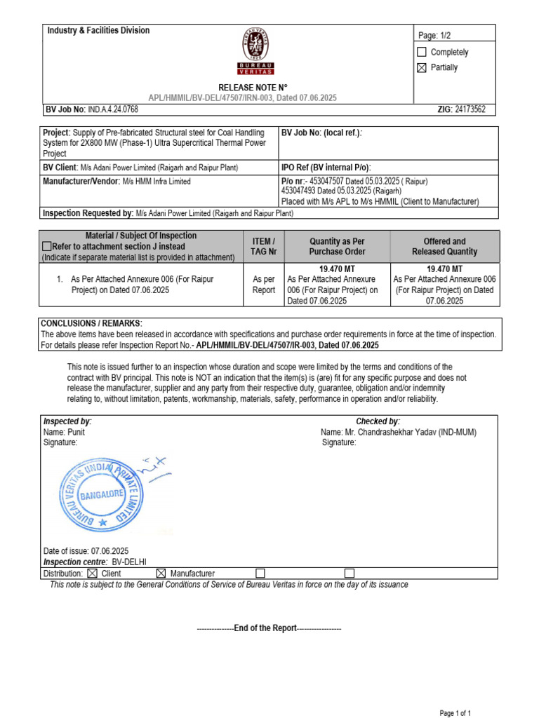 Inspection Release Note for Steel Supply | PDF