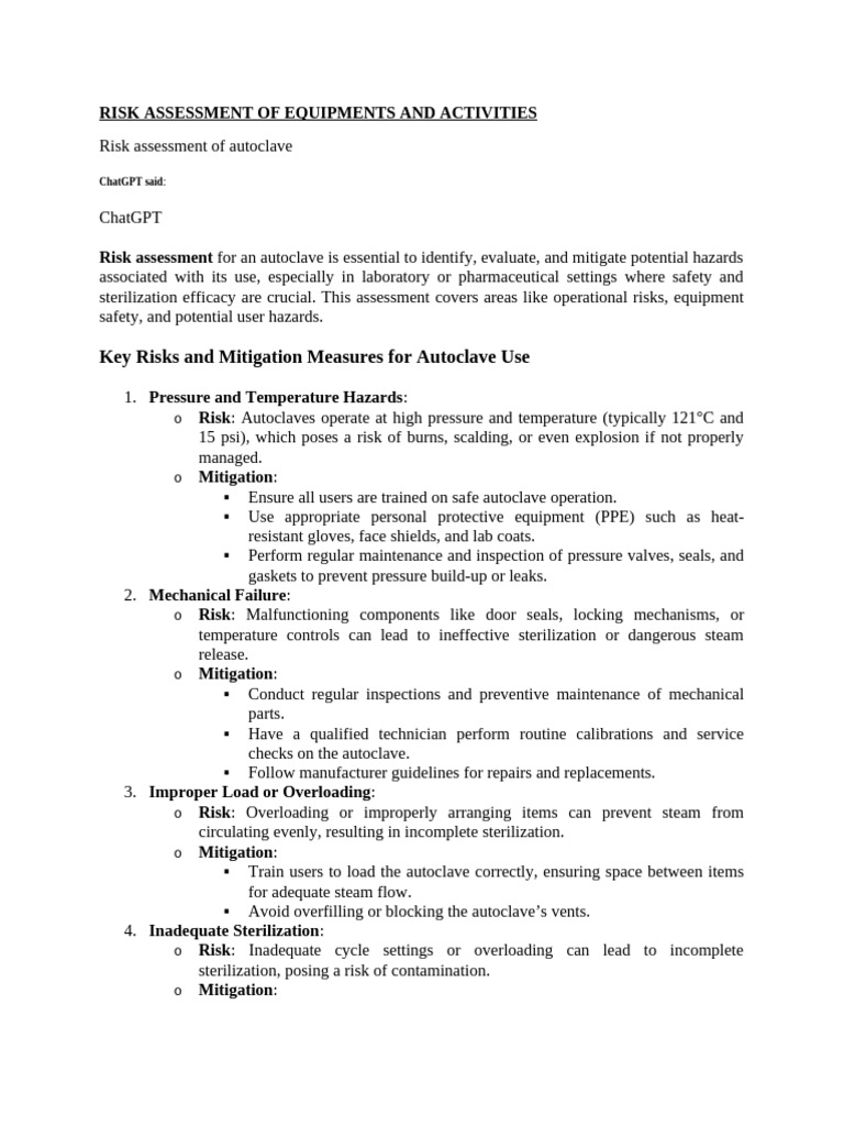 Autoclave Risk Assessment Guide | PDF | Sterilization (Microbiology ...