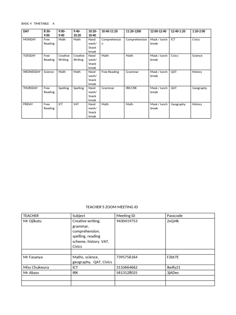Year 4 Timetable A | PDF