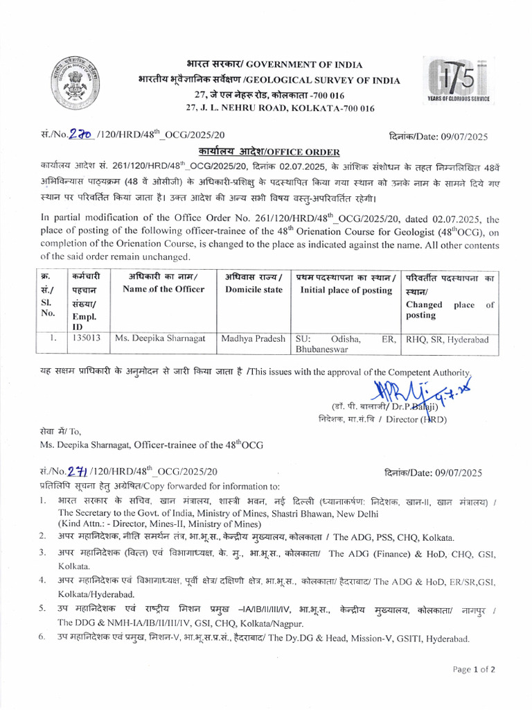 Office Order - Change of Place of Posting of Ms. Deepika Sharnagat ...