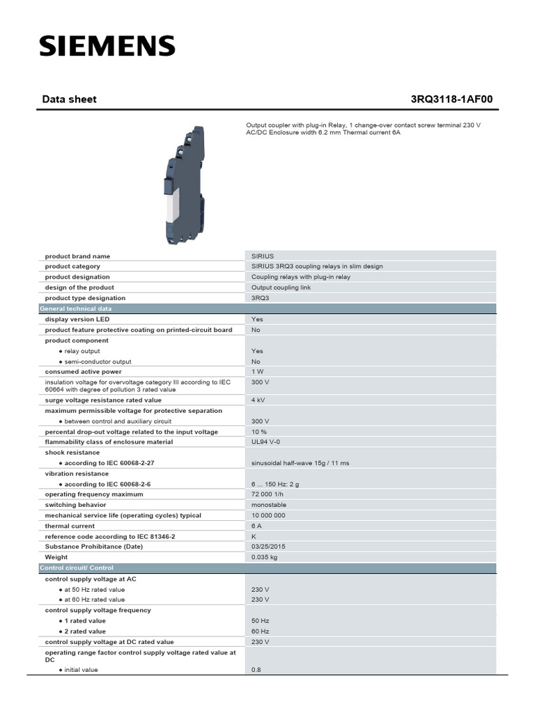 Siemens 3RQ3118 Coupling Relay Data Sheet | PDF | Relay | Alternating ...