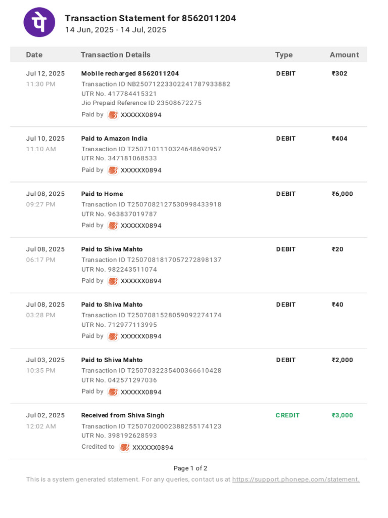 Transaction Statement: 8562011204 Summary | PDF | Debit Card ...