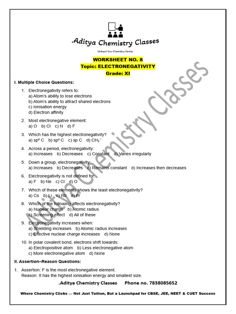Worksheet No 8 Electronegativity | PDF | Chemical Bond | Chemical Polarity