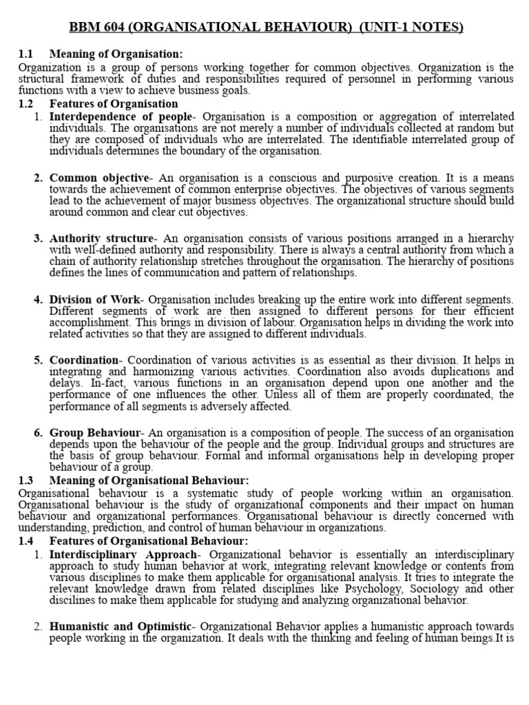 Unit 1: Organisational Behaviour Notes | PDF | Perception ...