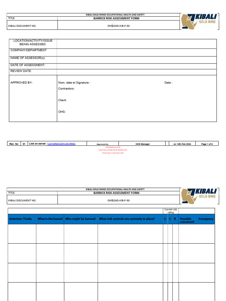 Kibali Gold Mine Risk Assessment Form | PDF | Occupational Safety And ...