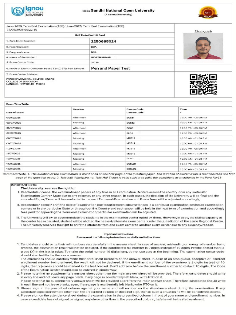 Naveen Kumar (Adimit Card) | PDF