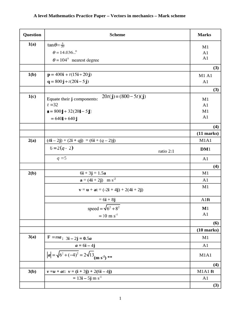 A Level Maths: Vectors Mechanics Mark Scheme | PDF | Physics | Mechanics