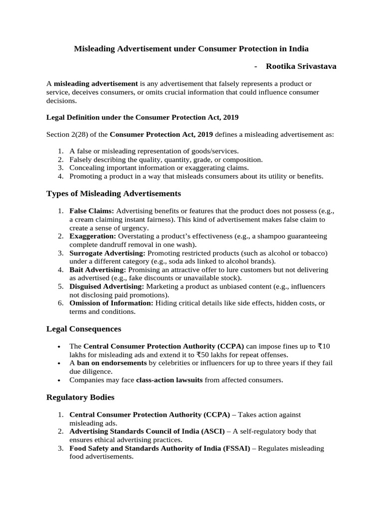 Misleading Advertisement Under Consumer Protection in India | PDF