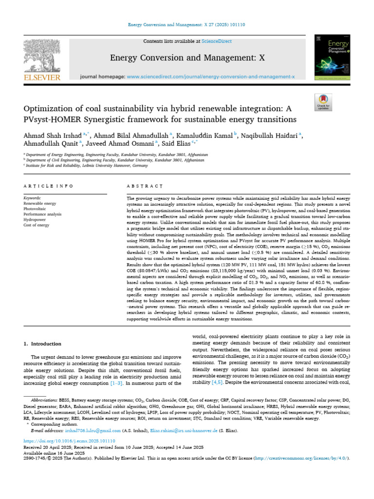 Optimization of Coal Sustainability Via Hybrid Renewable Integration: A ...