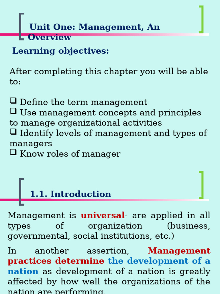 Chapter One Management An Overview | PDF | Skill | Goal