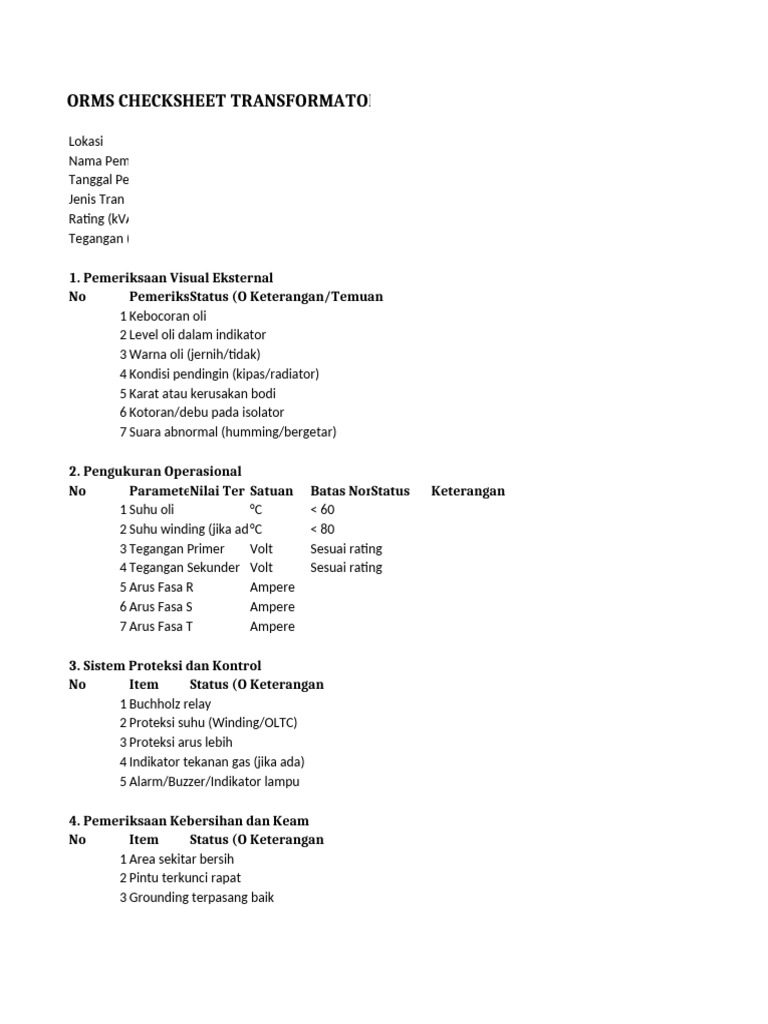 Form Checksheet Transformator | PDF