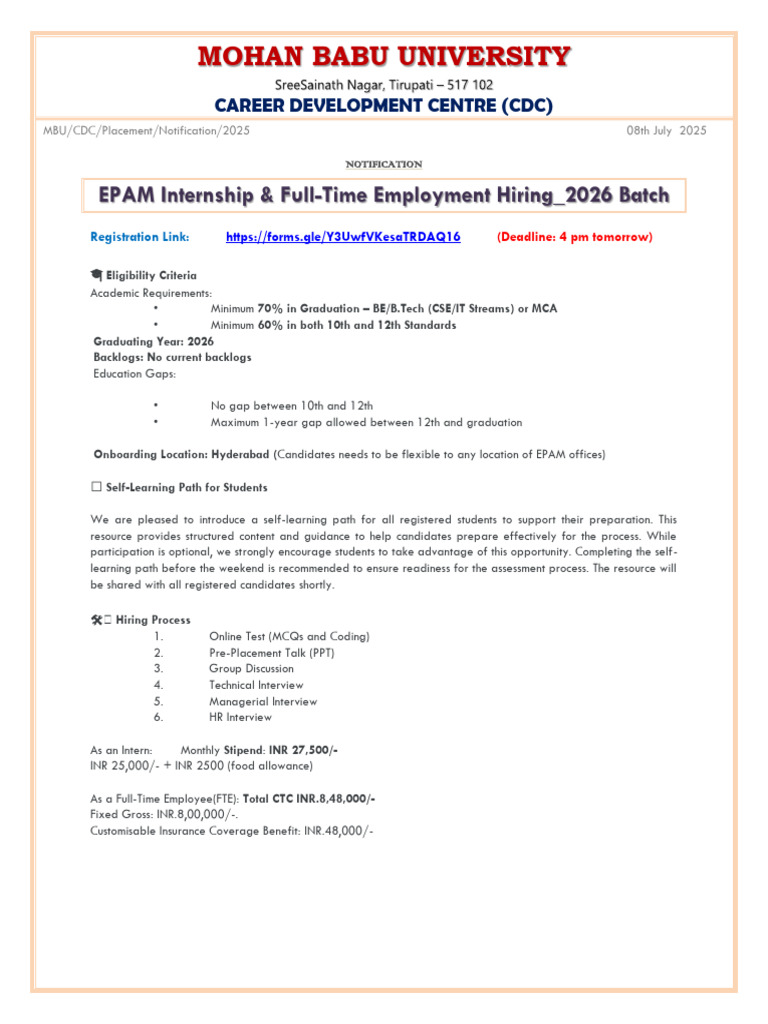 EPAM Systems Campus Hiring 2026 Batch Notification | PDF | Artificial ...