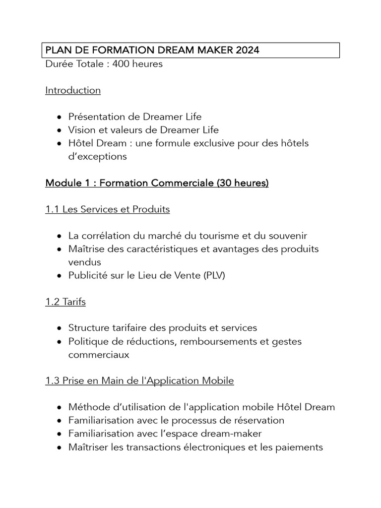 Formation Dream Maker 2024 : Modules et Objectifs | PDF | Vidéo ...
