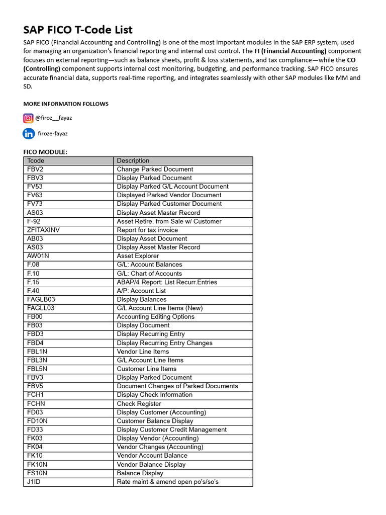 SAP FICO T-Code Overview | PDF | Depreciation | Inventory