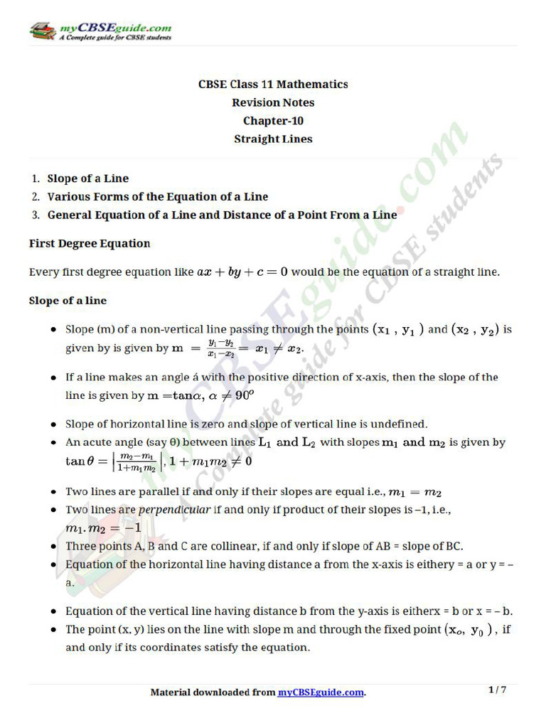 11 Maths Notes 10 Straight Lines | PDF