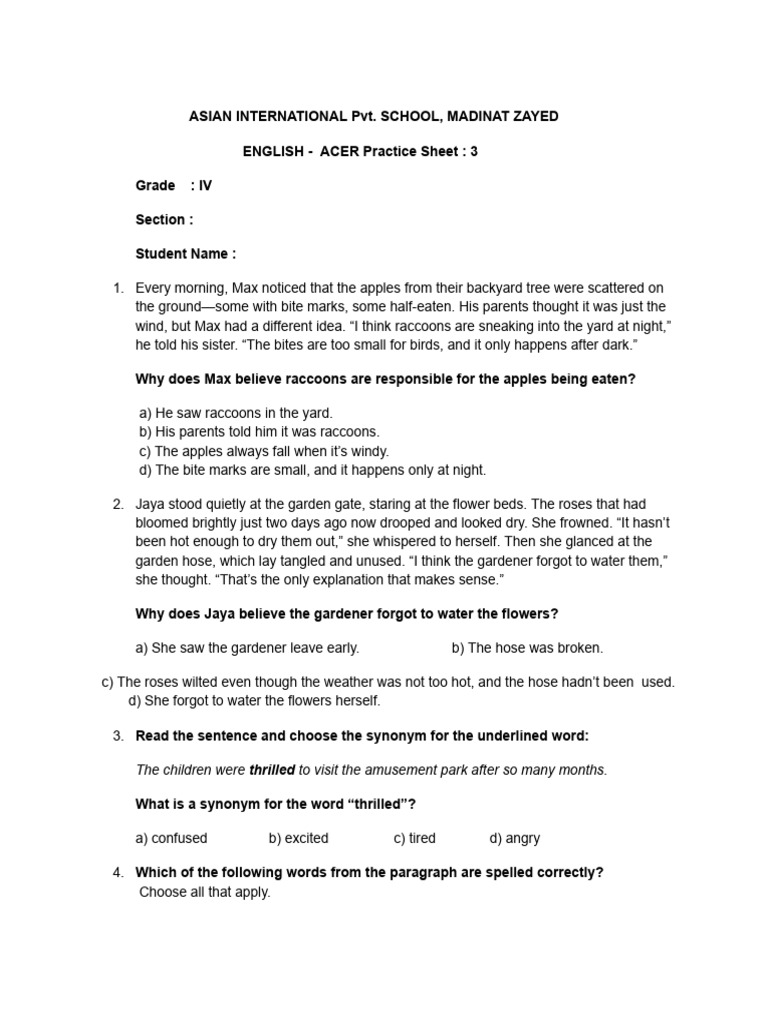 ACER English Test Practice for Grade 4 | PDF