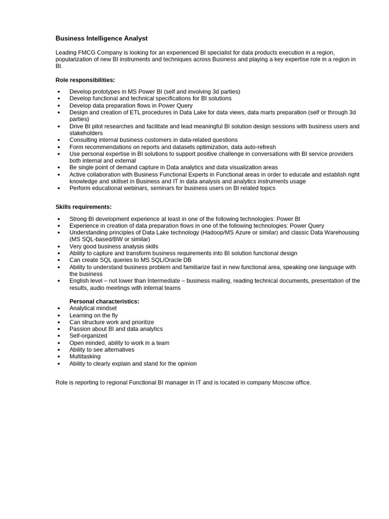 Business Intelligence Analyst Role Overview | PDF | Data | Business ...