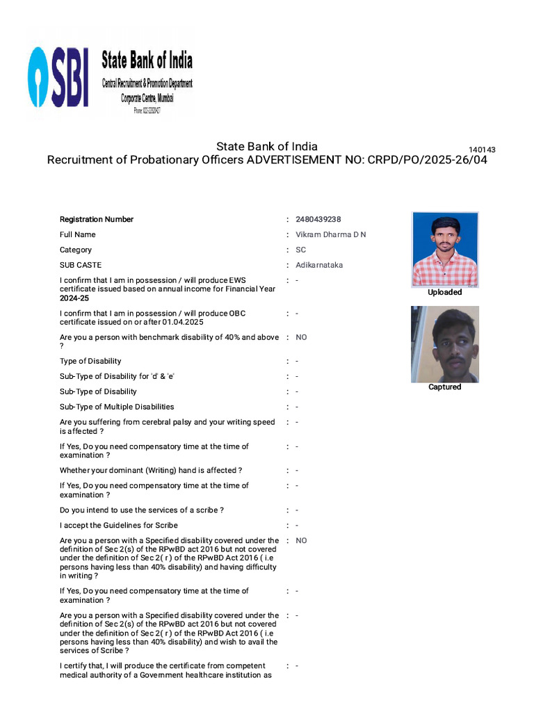 SBI PO Application: Vikram Dharma | PDF