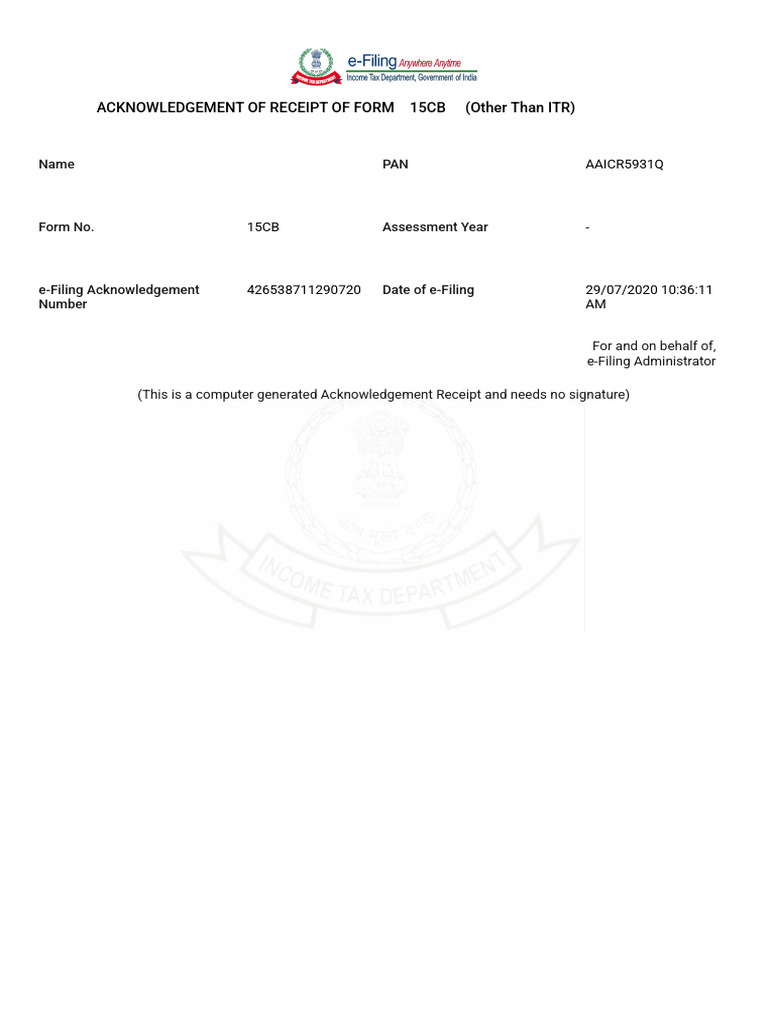 Acknowledgement of Form 15CB Receipt | PDF