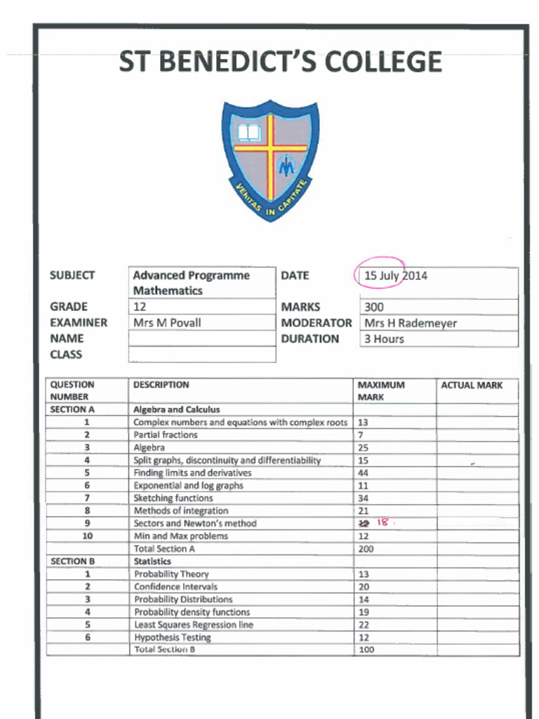1a. 2014 GR 12 AP Calculus & Stats Prelim | PDF