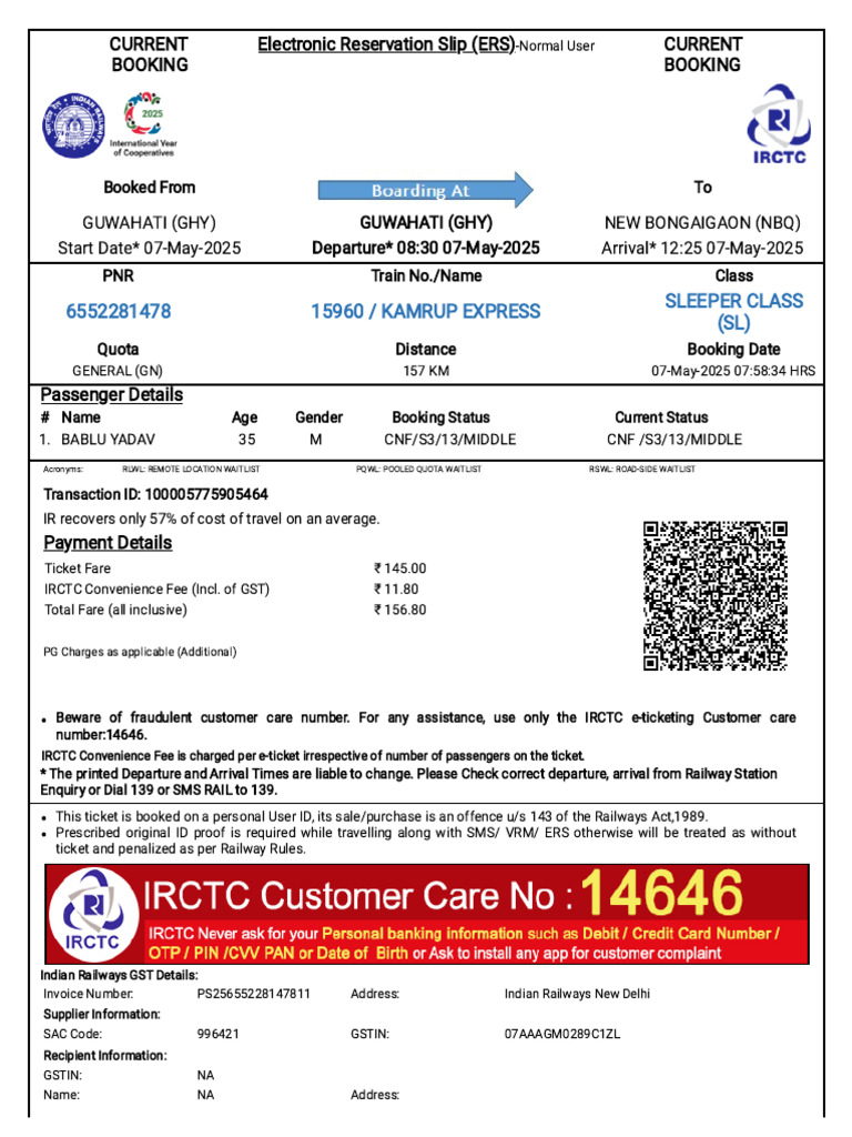 Indian Railways Booking Confirmation | PDF | Identity Document