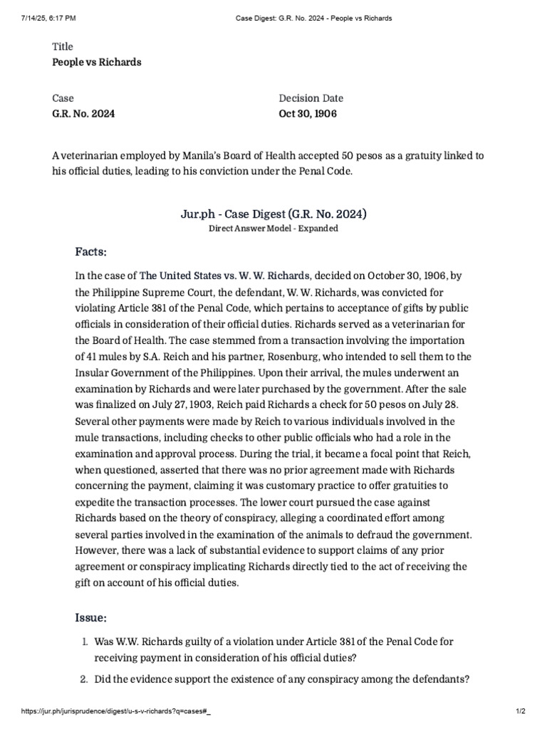 People vs Richards Case Digest Summary | PDF | Common Law | Justice