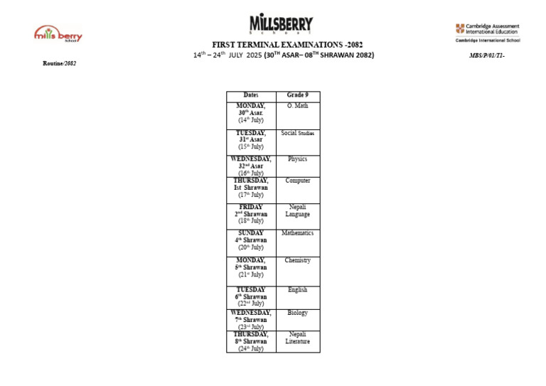 First Terminal Exam Schedule 2082 | PDF