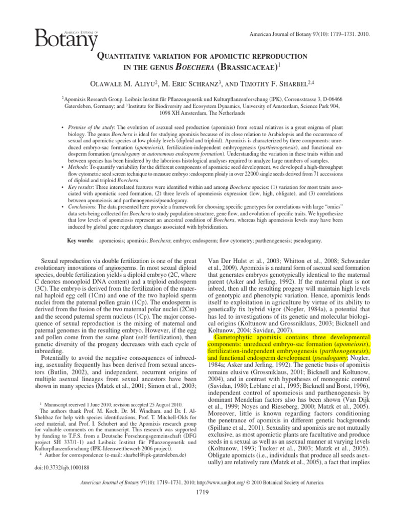 Apomictic Reproduction in Boechera | PDF | Fertilisation | Ploidy