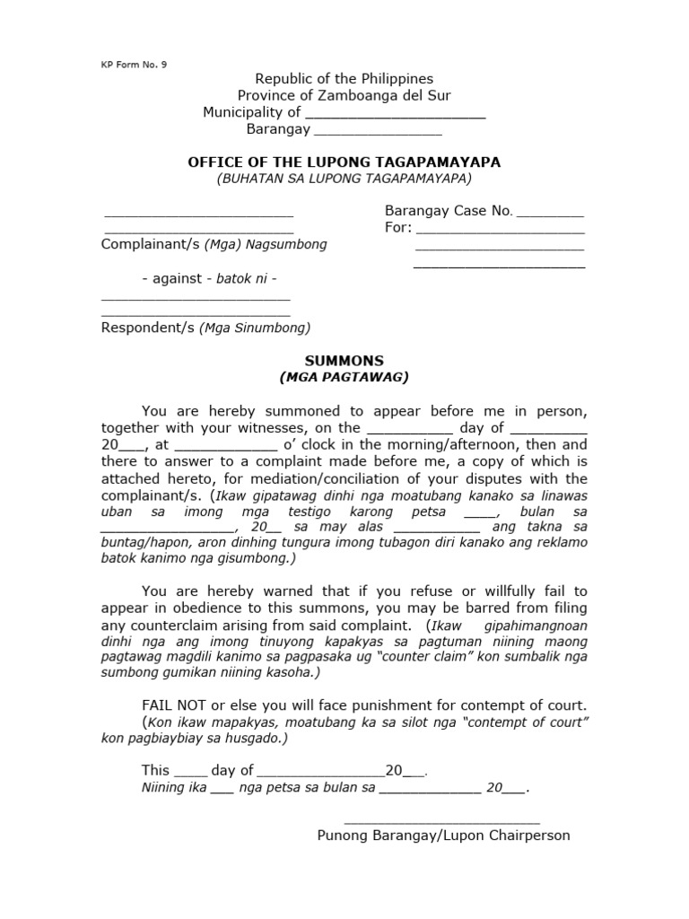 Barangay Summons Form KP No. 9 | PDF | Practice Of Law | Justice