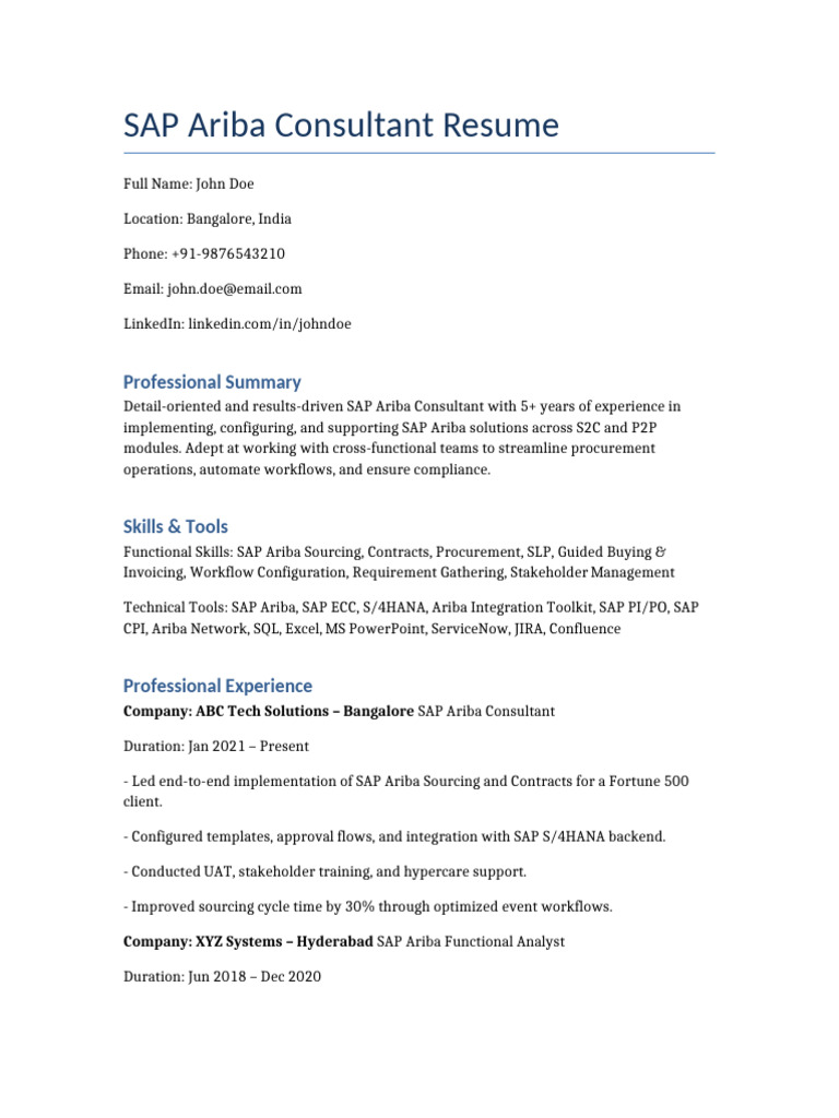 SAP Ariba Consultant Resume Overview | PDF