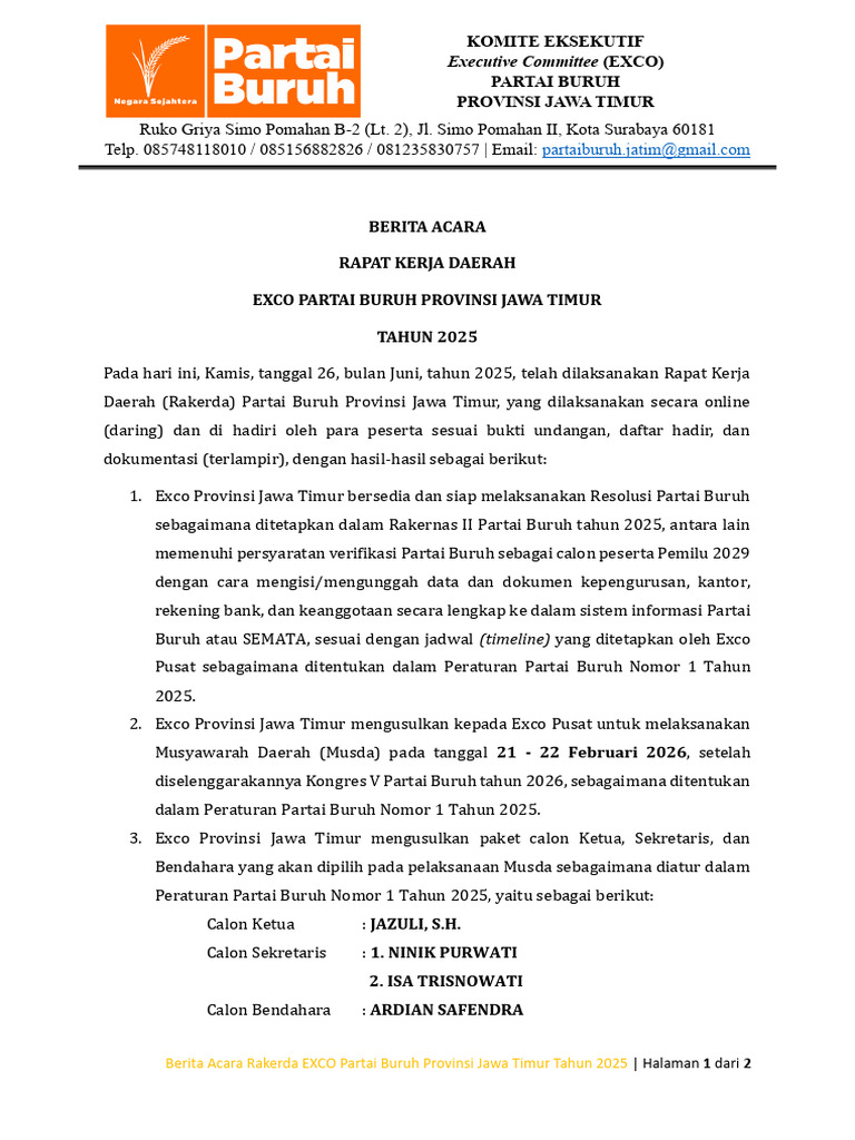 Rakerda EXCO Partai Buruh Jatim 2025 | PDF
