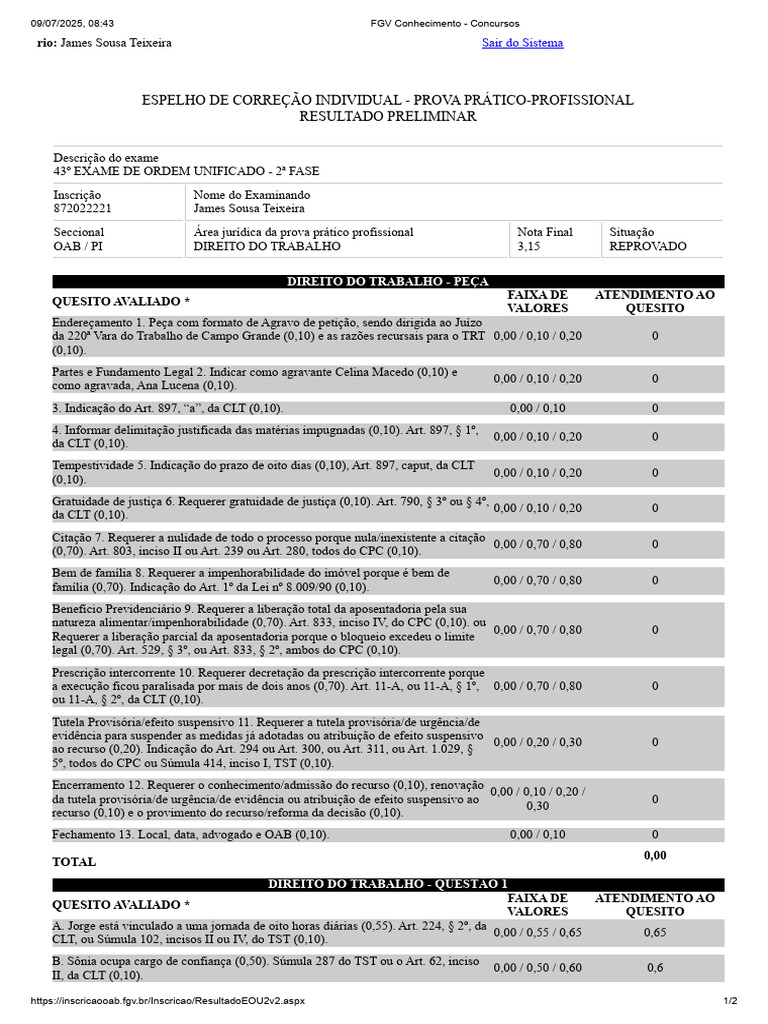 Resultado do Exame de Ordem OAB 43ª Fase | PDF | Direito Público | Justiça