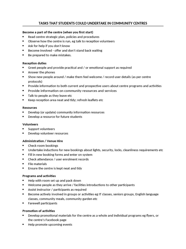 Community Centre Engagement Tasks | PDF | Evaluation