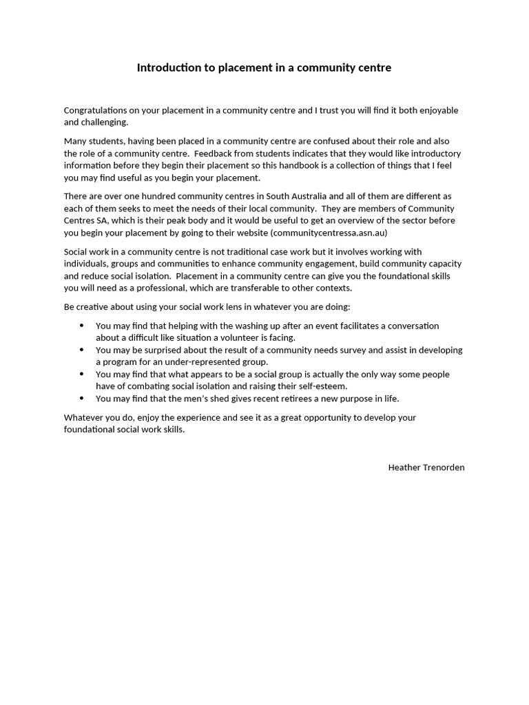 Community Centre Placement Guide | PDF | Social Work | Community
