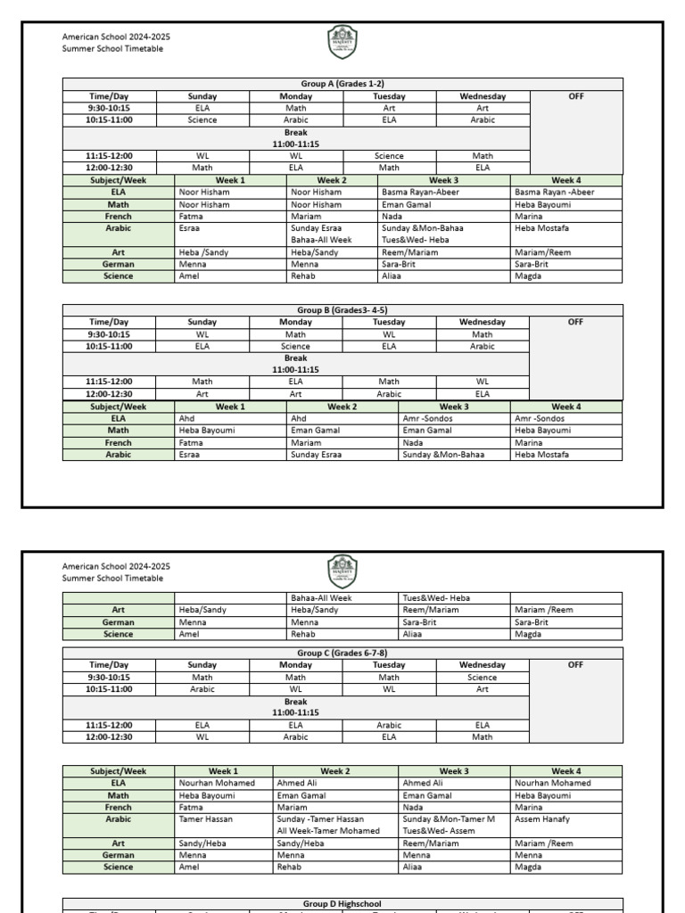 Summer School Timetable 2024-2025 | PDF