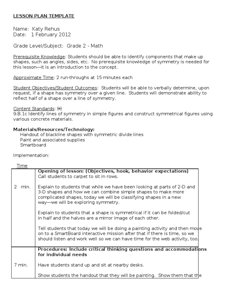 Symmetry Formal Lesson Plan PDF Symmetry Shape