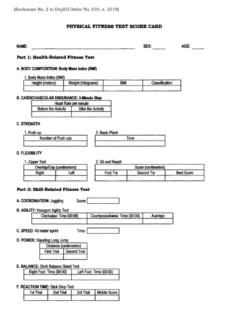 Physical Fitness Test Score Card | PDF