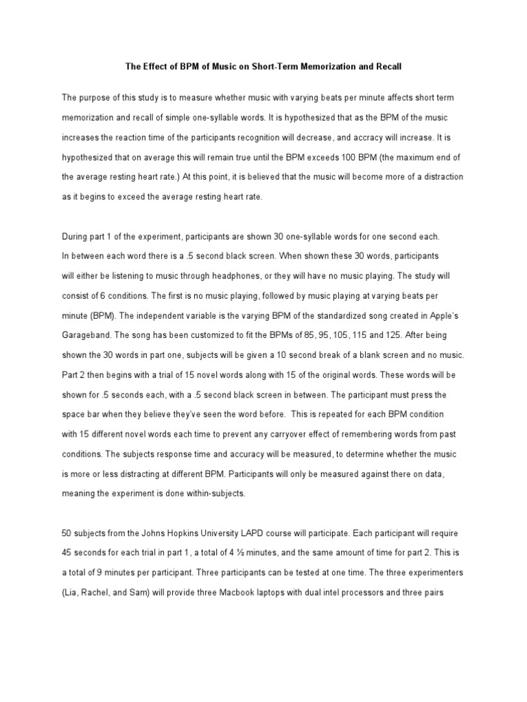 Impact of Music BPM on Memory Recall | PDF | Experiment | Accuracy And ...