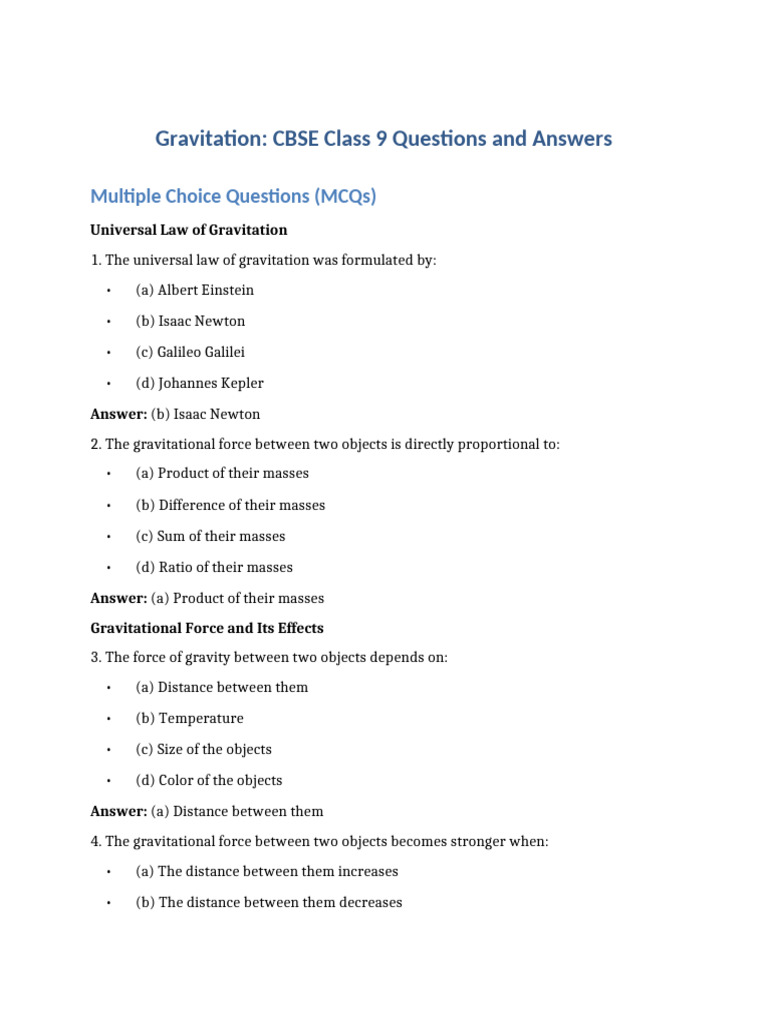 CBSE Class 9 Gravitation MCQs & Answers | PDF | Gravity | Force