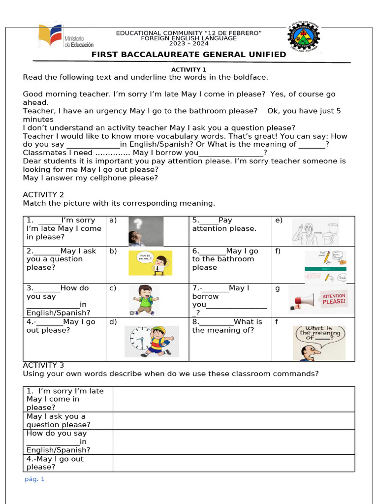 Classroom English Commands Activities | PDF