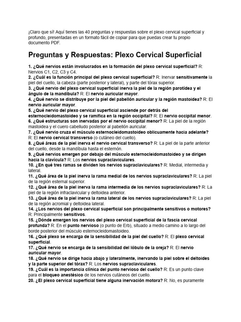 Preguntas sobre el plexo cervical | PDF | Neuroanatomía | Tejido suave