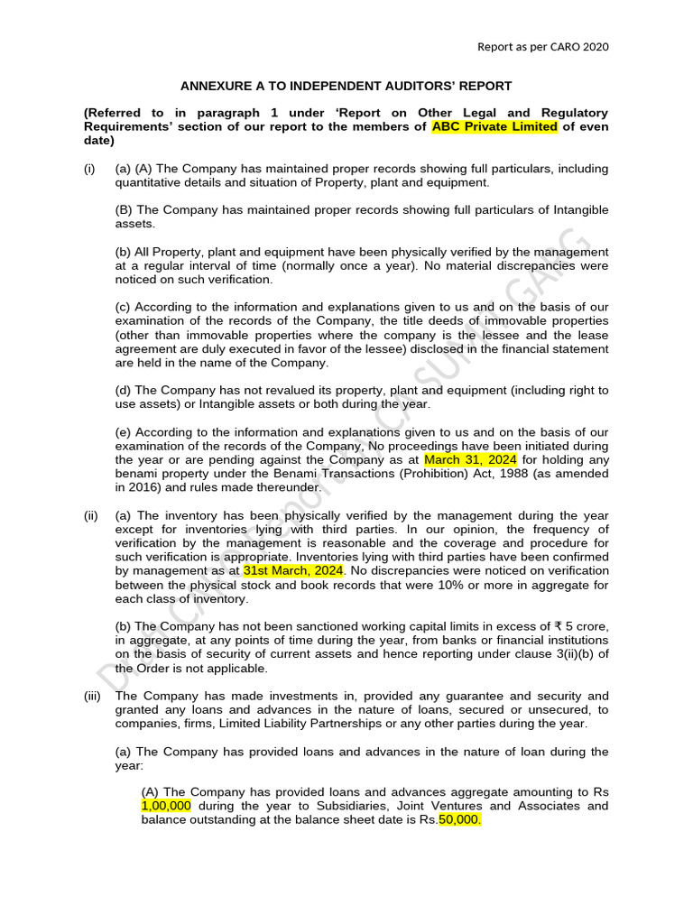 CARO 2020 Compliance Report for FY 2024 | PDF | Audit | Taxes