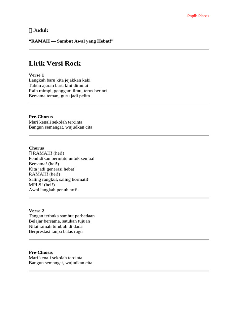 Lirik Lagu MPLS: Awal yang Hebat | PDF