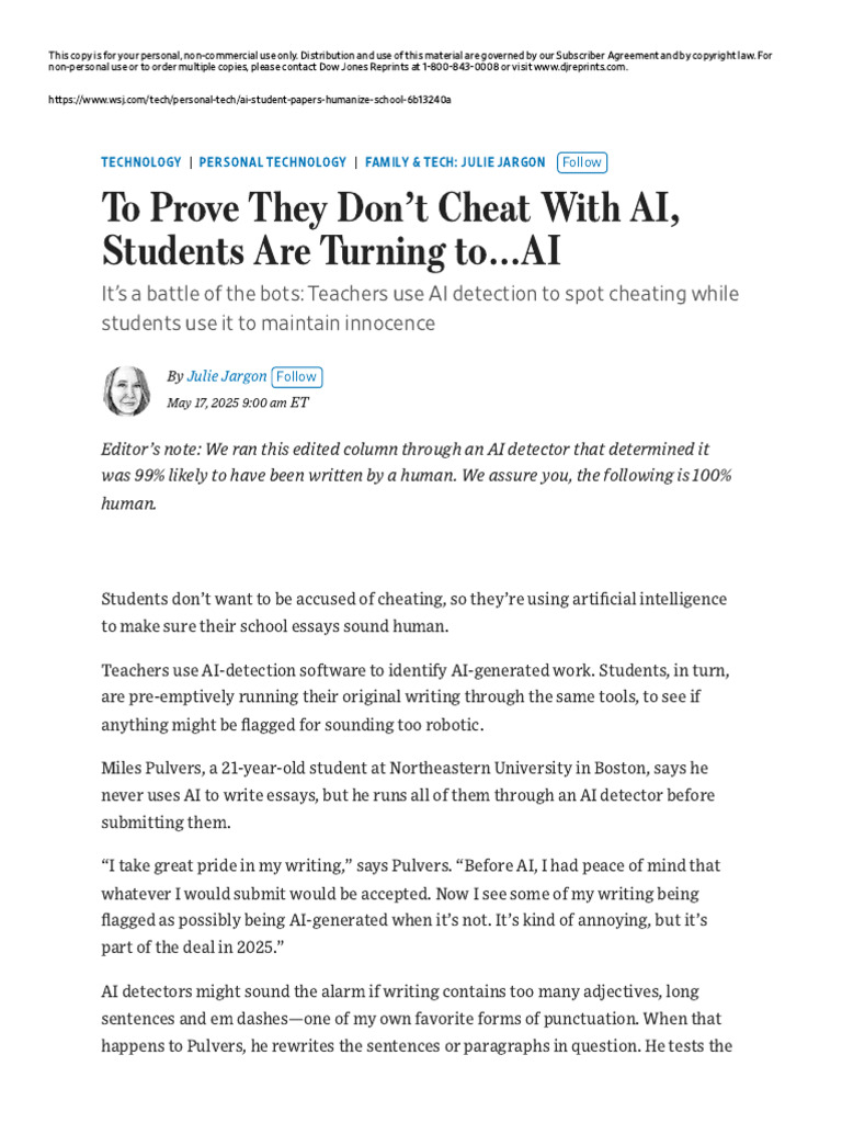 To Prove They Don't Cheat With AI, Students Are Turning To AI - WSJ ...