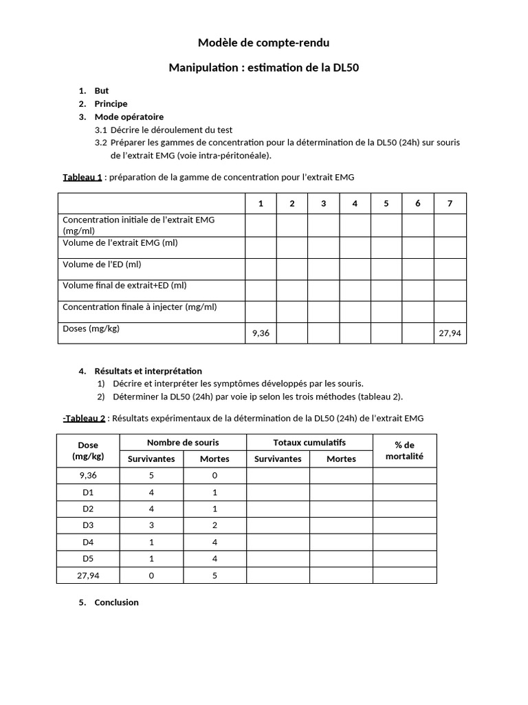Estimation de la DL50 de l'extrait EMG | PDF