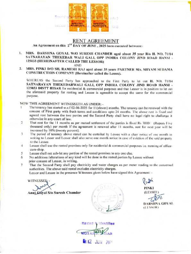 Rent Agreement With Registry and Electricity Bill | PDF