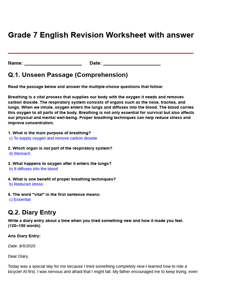Grade 7 English Revision Worksheet | PDF | Breathing | Respiratory System